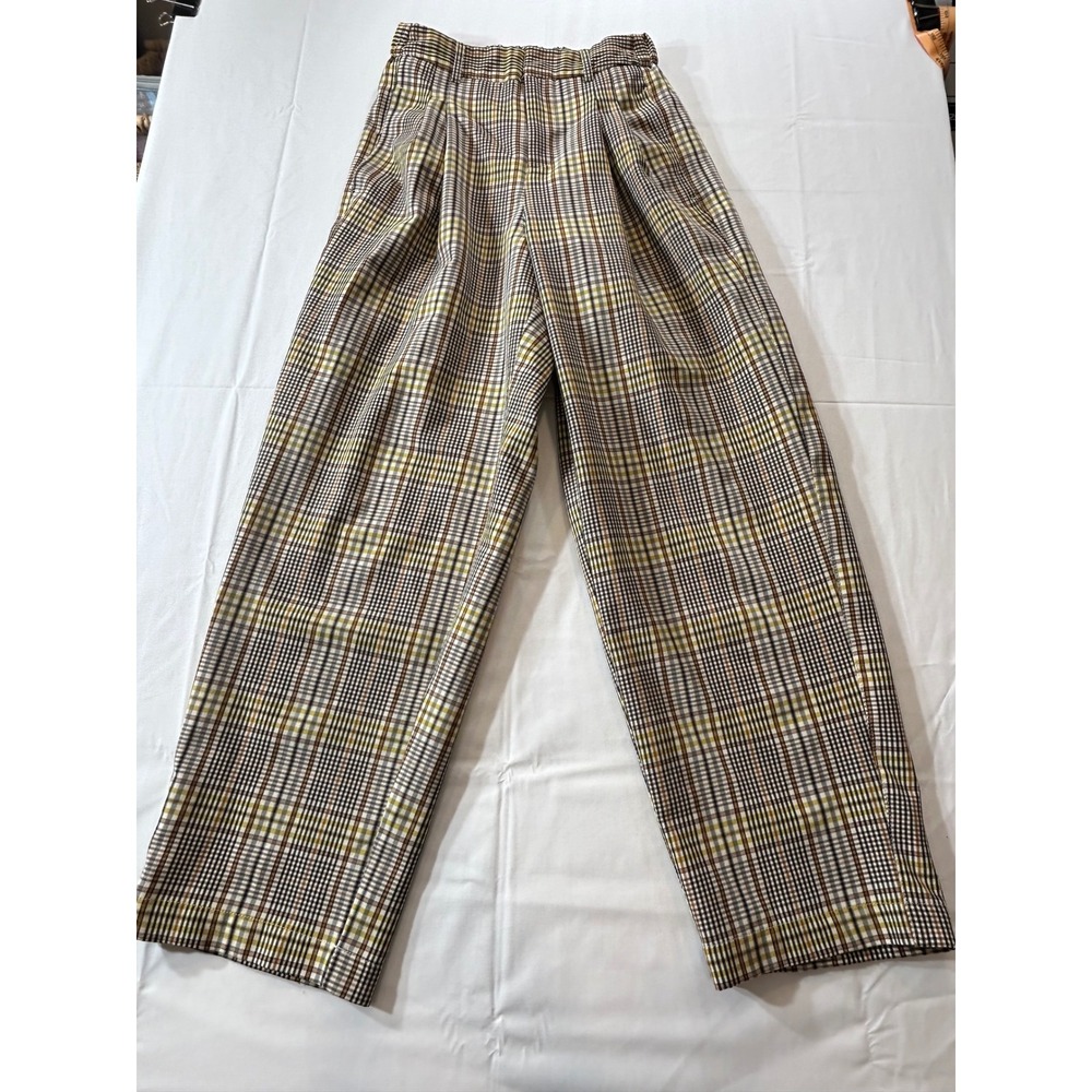 Urban Outfitters Plaid Wide Leg Trousers Brown Yellow High Rise Pleated Pants S